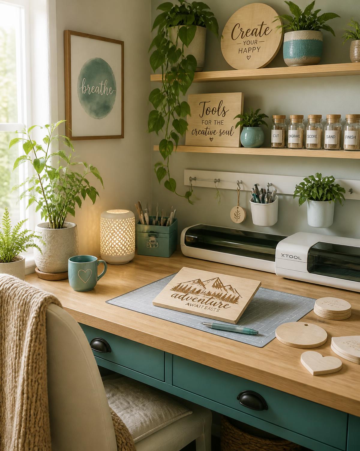 The Zenful Creations craft studio with engraved wooden pieces and tools