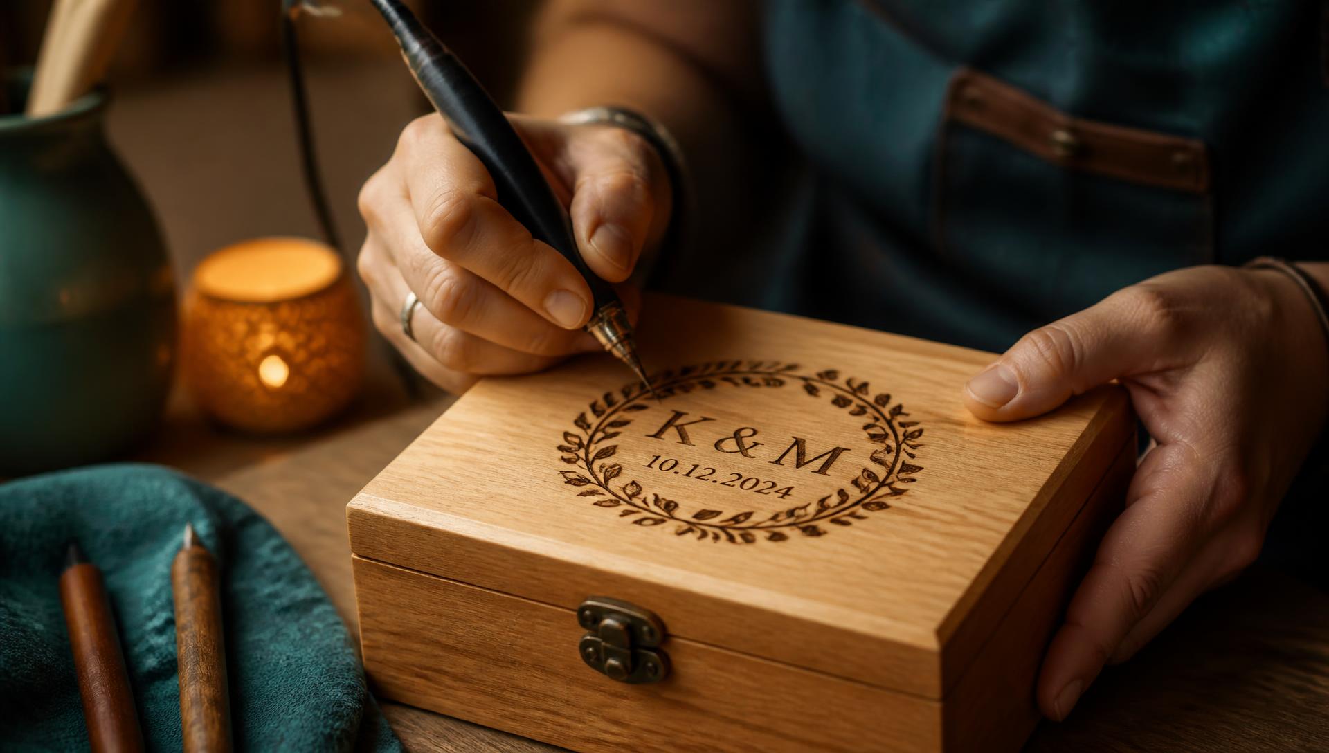Hands wood burning a custom design into a wooden keepsake box