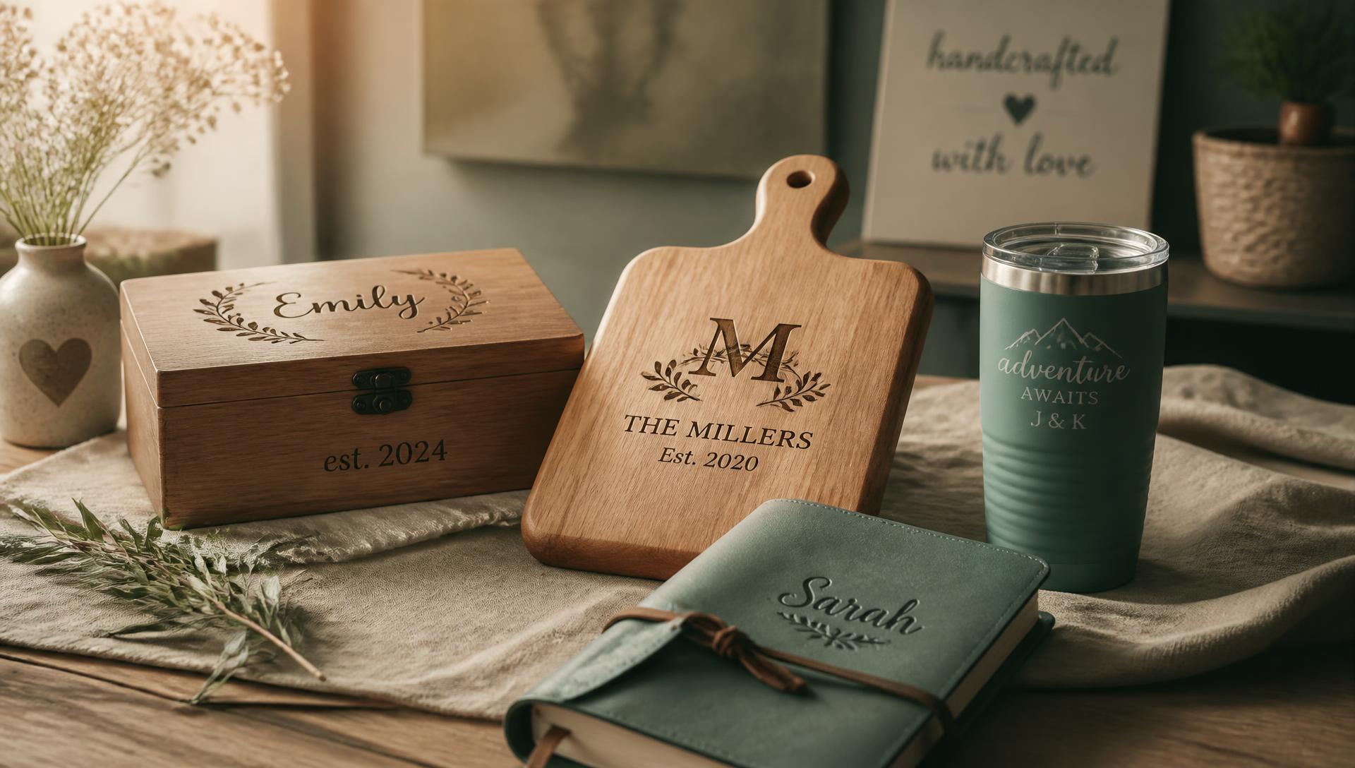 Personalized engraved keepsake box, wood burned board, journal and custom tumbler on a linen covered table